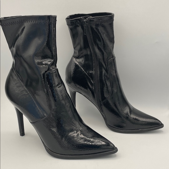 Forever 21 Black Patent Pointed Toe Stiletto Ankle Boots Size 8 - Picture 1 of 7